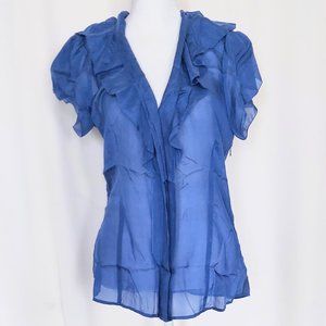 BCBGMAXAZRIA Short Sleeve Ruffle Neck Top Blouse Size Small Blue NWT